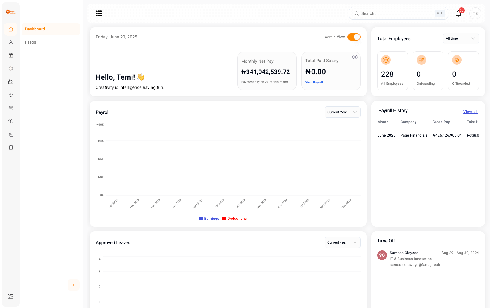 Meld HR Management Dashboard showing employee metrics, attendance tracking, and calendar view